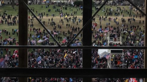 A crowd of Trump supporters gather outside as seen from inside the US Capitol on January 6, 2021 in Washington, DC. 
