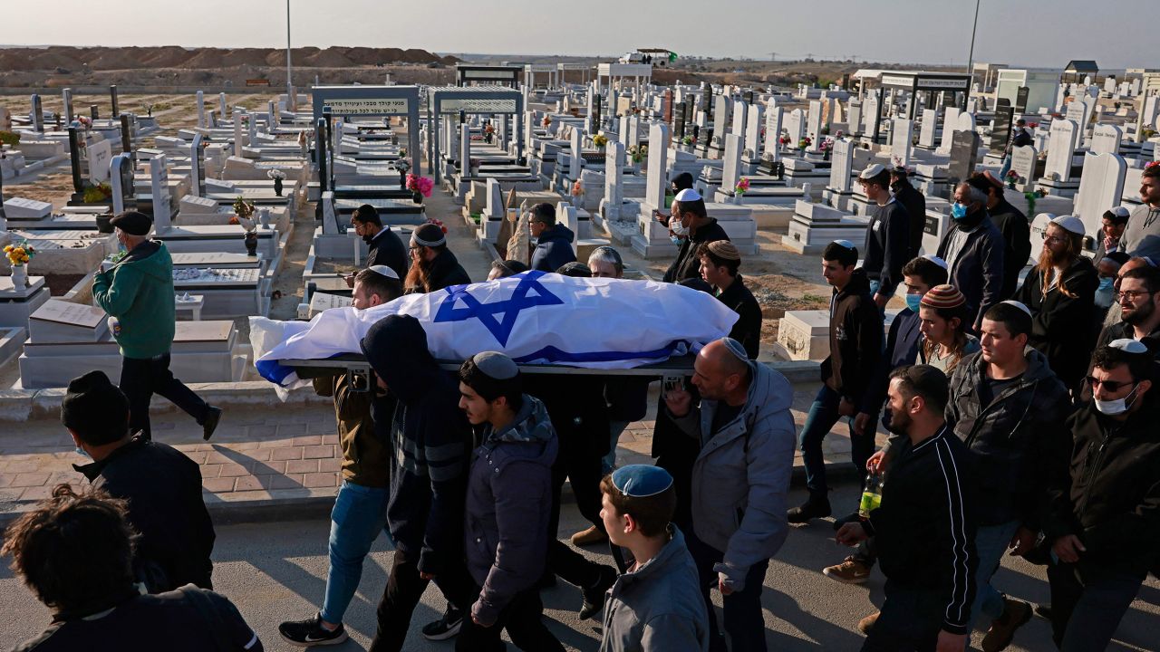 Mourners carry the body of 67-year-old Menahem Yehezkel in the southern Israeli city of Beersheba.  Yehezkel was killed on March 22 in a knife attack. 
