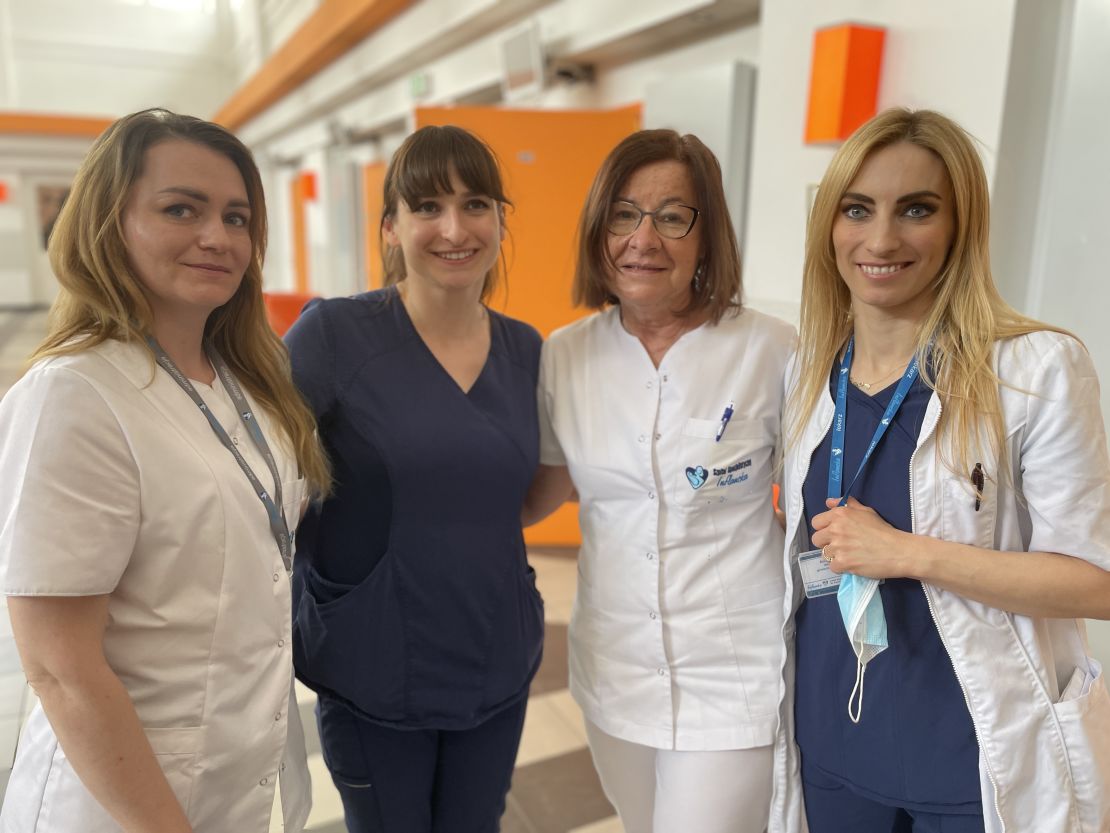 From left: Khrystyna, a Ukrainian refugee from Lviv; Magda Dutsch, Iwona Czerwinska and Emilia Gasiorowska at Inflancka Specialist Hospital.