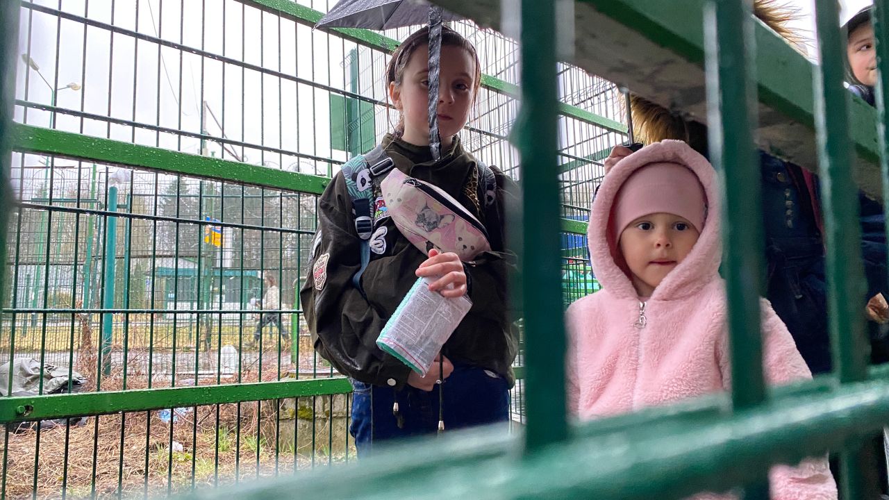 Girls at a refugee center in Medyka, Poland.