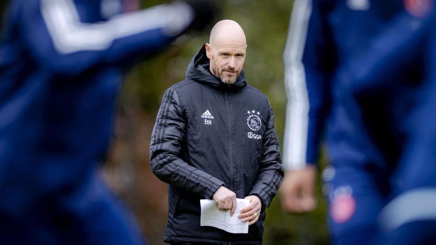 Ajax's Dutch head coach Trainer Erik ten Hag leads a training session in Amsterdam on April 7, 2021, on the eve of the UEFA Europa League first leg quarter-final football match between Ajax Amsterdam and AS Roma. - Netherlands OUT (Photo by ROBIN VAN LONKHUIJSEN / ANP / AFP) / Netherlands OUT (Photo by ROBIN VAN LONKHUIJSEN/ANP/AFP via Getty Images)