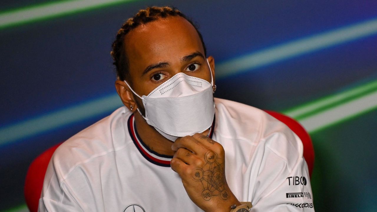 Hamilton attends a press conference ahead of the Saudi Arabian Grand Prix