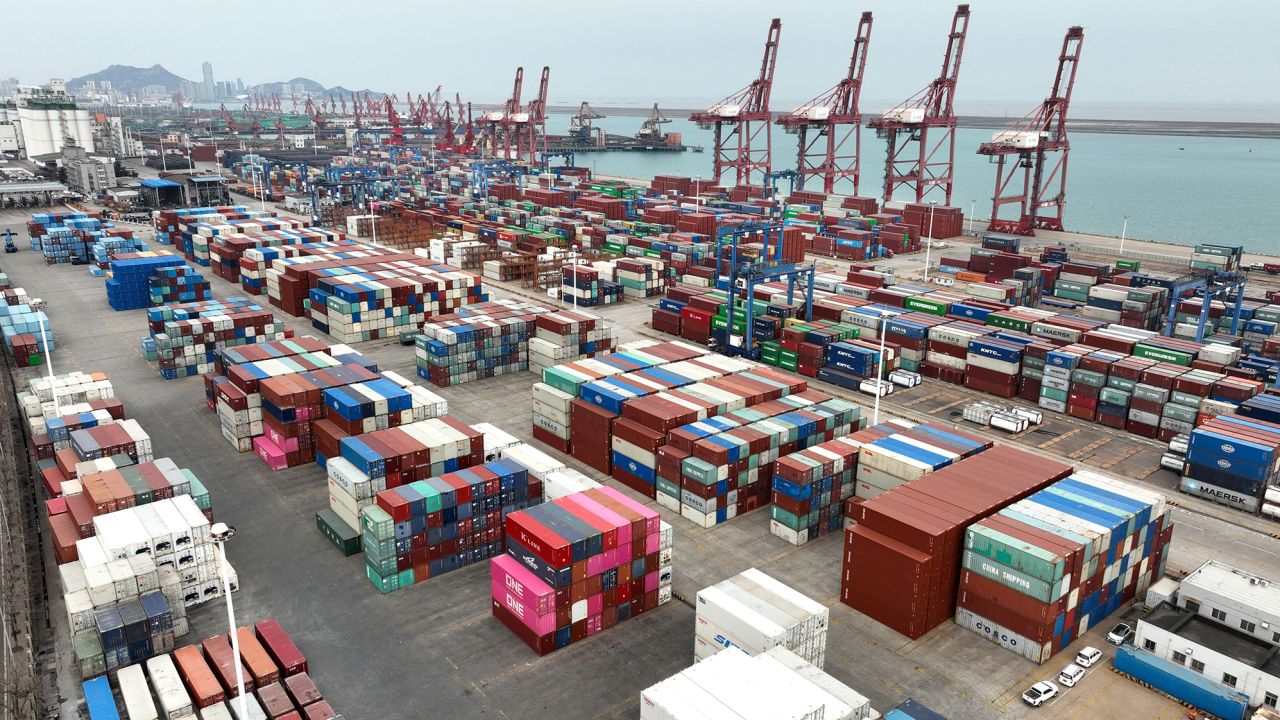 Shipping containers stacked at Lianyungang Port on March 31, 2022 in Lianyungang, Jiangsu Province of China. 