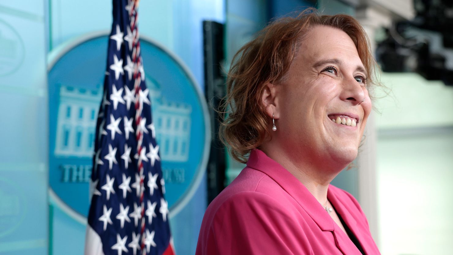 Jeopardy champion Amy Schneider talks with reporters in the James S. Brady Press Briefing Room of the White House on March 31, 2022 in Washington, DC. 