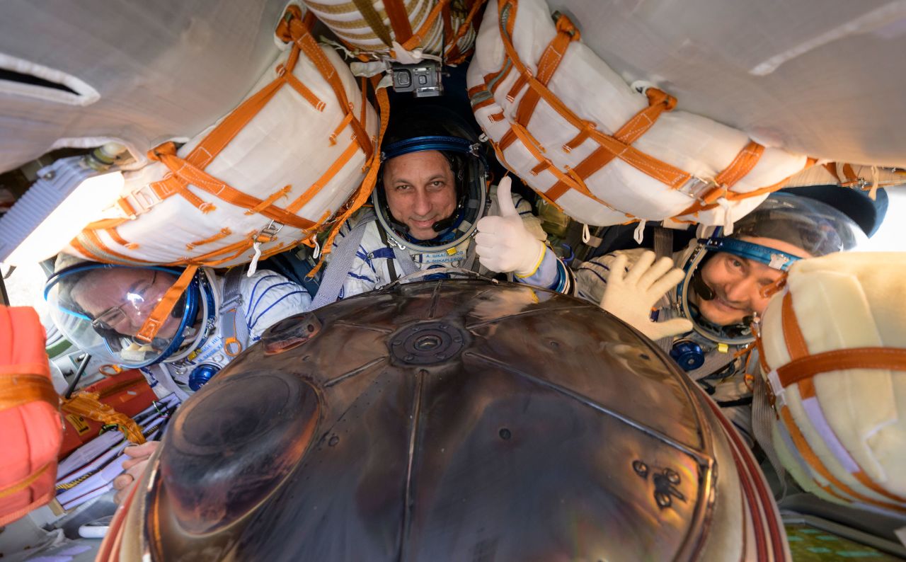 From left, American astronaut Mark Vande Hei and Russian cosmonauts Anton Shkaplerov and Pyotr Dubrov are seen inside their Soyuz spacecraft after it landed in a remote area of Kazakhstan on Wednesday, March 30. The men <a href="https://www.cnn.com/2022/03/29/world/nasa-vande-hei-cosmonauts-return-scn/index.html" target="_blank">had just returned from a mission on the International Space Station.</a> Vande Hei spent 355 days in space, which is the longest mission ever by an American astronaut.