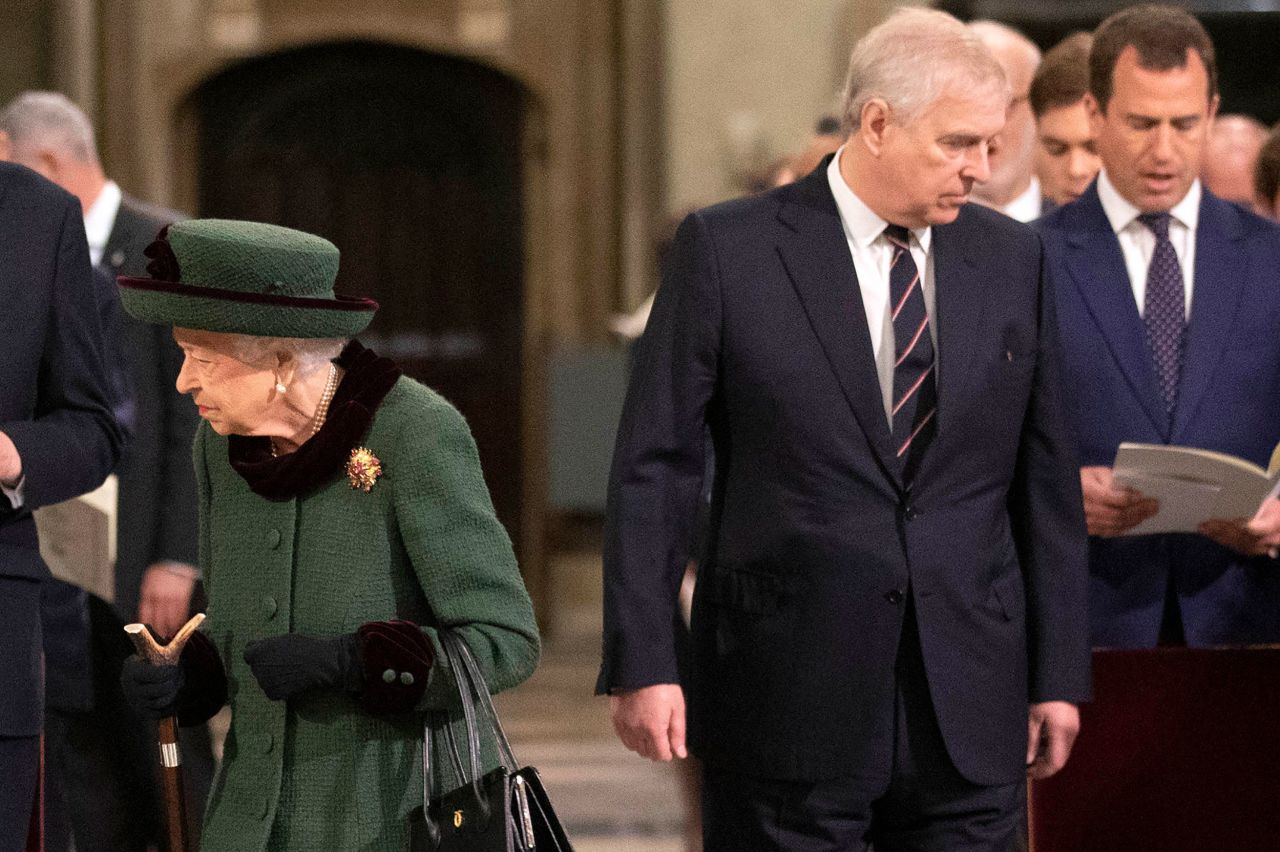 Britain's Queen Elizabeth II and her son Prince Andrew arrive at a <a href="https://www.cnn.com/2022/03/29/europe/queen-elizabeth-prince-philip-memorial-service-intl/index.html" target="_blank">memorial service</a> for her late husband, Prince Philip, at London's Westminster Abbey on Tuesday, March 29. <a href="http://www.cnn.com/2021/04/09/world/gallery/prince-philip/index.html" target="_blank">Prince Philip</a> died last year two months shy of his 100th birthday. Only 30 mourners were able to attend <a href="http://www.cnn.com/2021/04/17/uk/gallery/prince-philip-funeral/index.html" target="_blank">his funeral service then</a> due to strict coronavirus rules.