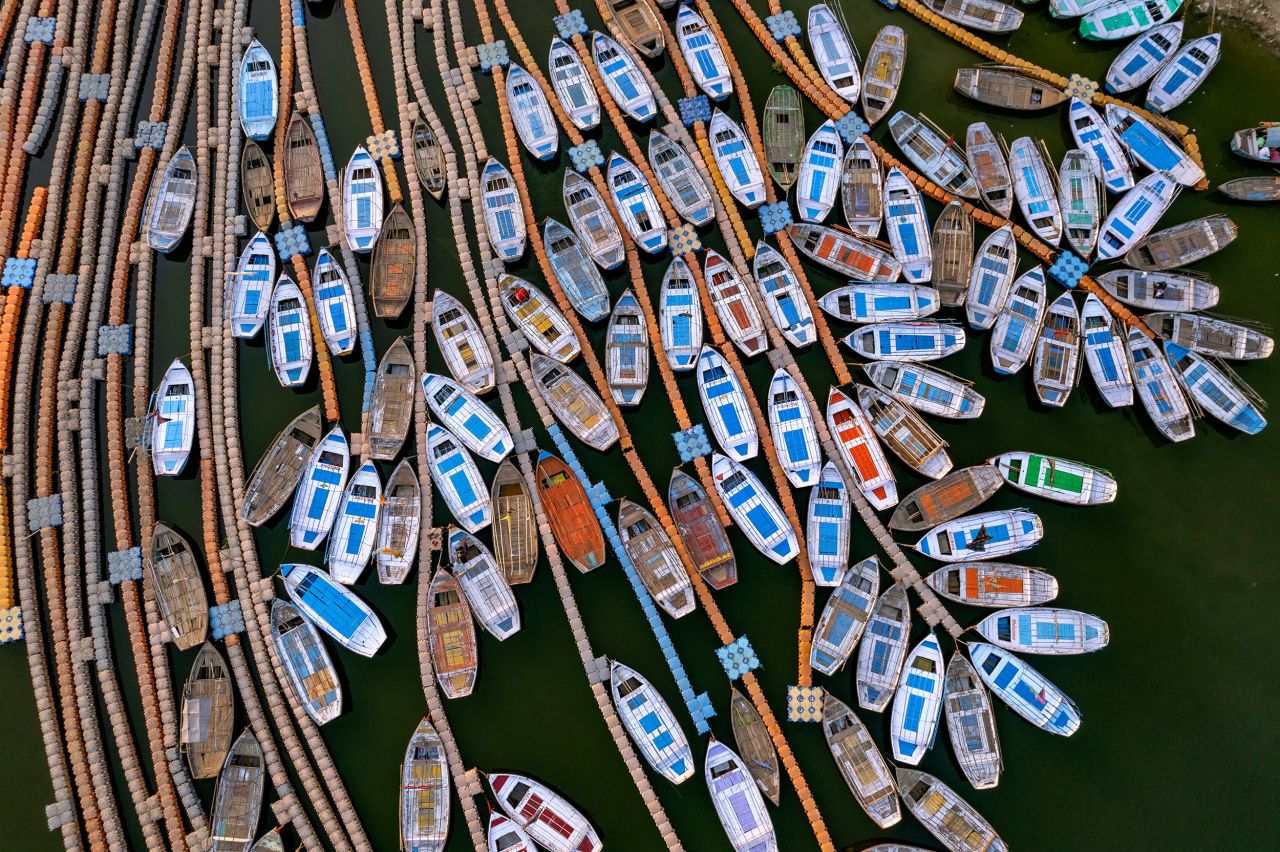 Boats are piled up on the Yamuna River in Prayagraj, India, on Monday, March 28.