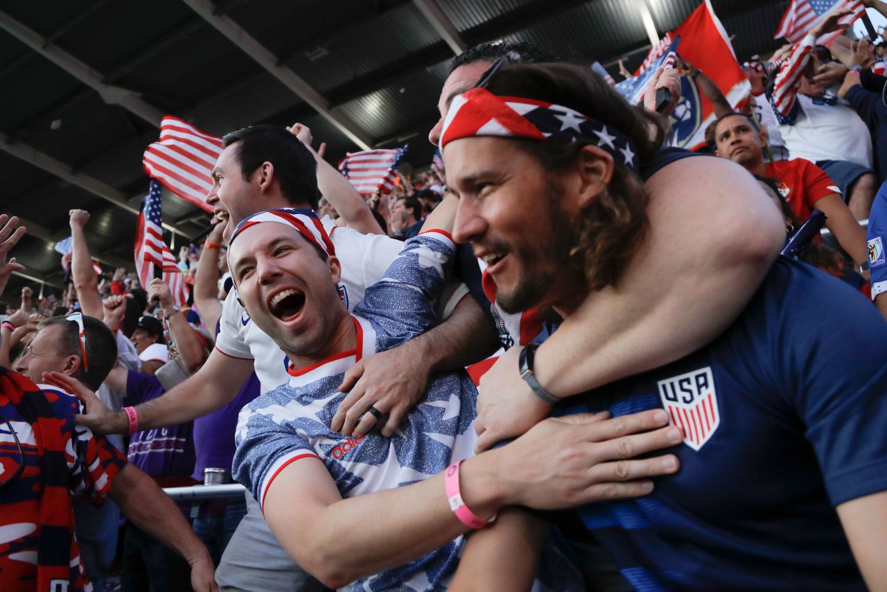 US soccer fans celebrate a goal as the men's national team played Panama in Orlando on Sunday, March 27. The US team won 5-1, and it <a href="https://www.cnn.com/2022/03/30/sport/us-mens-soccer-world-cup/index.html" target="_blank">clinched a spot in the World Cup</a> a few days later.