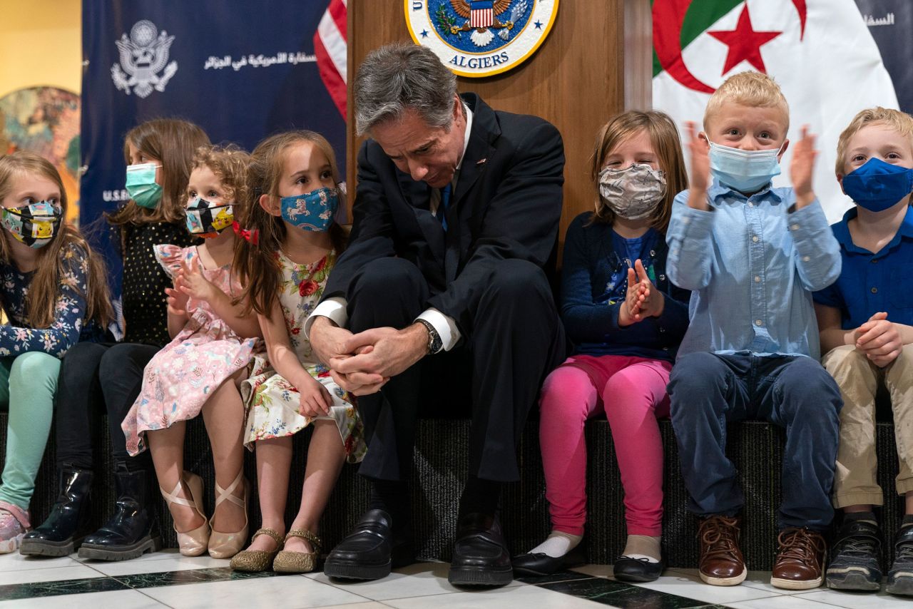 US Secretary of State Antony Blinken listens to a question from the daughter of a US Embassy staff member in Algiers, Algeria, on Wednesday, March 30.