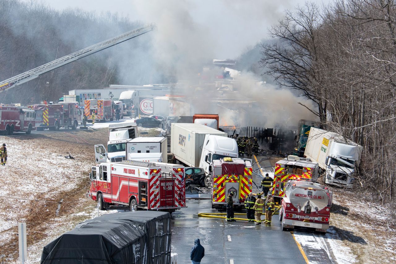 Authorities work at the site of a massive pileup in Foster Township, Pennsylvania, on Monday, March 28. At least six people died after <a href="https://www.cnn.com/2022/03/30/us/pennsylvania-crash-snow-squall/index.html" target="_blank">a sudden snow squall led to the crash</a> on Interstate 81. At least 80 vehicles were involved, according to state police.