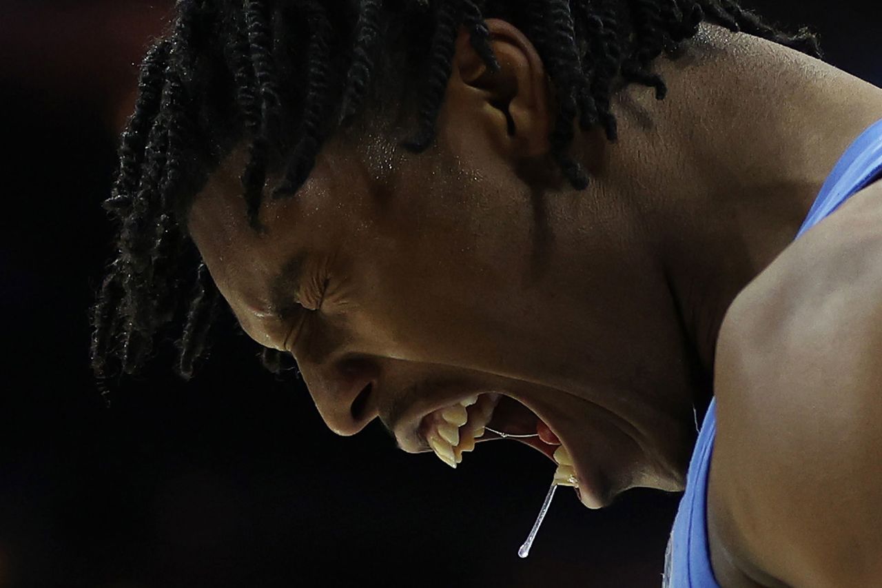 North Carolina guard Caleb Love reacts during the second half of the team's NCAA Tournament win against UCLA on Friday, March 25. The Tar Heels would later defeat St. Peter's to make the Final Four.