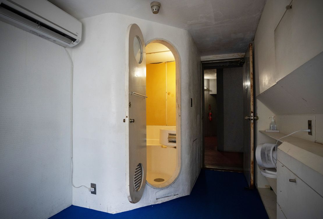 The bathroom unit inside a residential apartment at the Nakagin Capsule Tower.