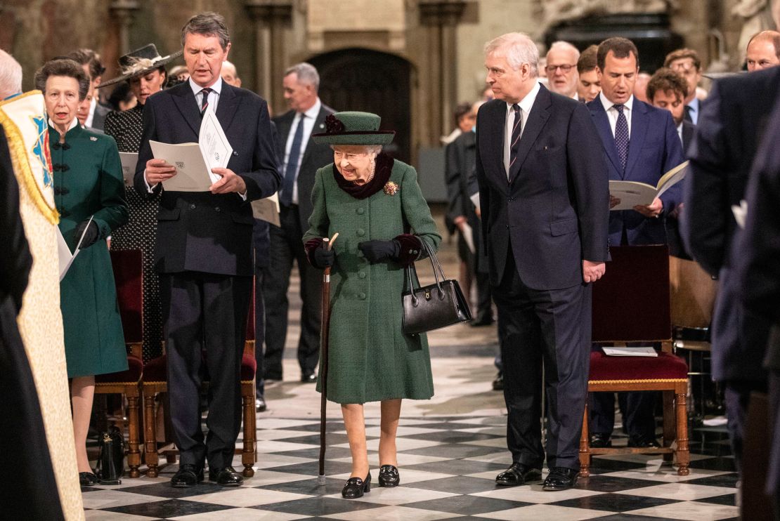 The Queen arrives in Westminster Abbey, London, accompanied by Prince Andrew, on March 29, 2022. 