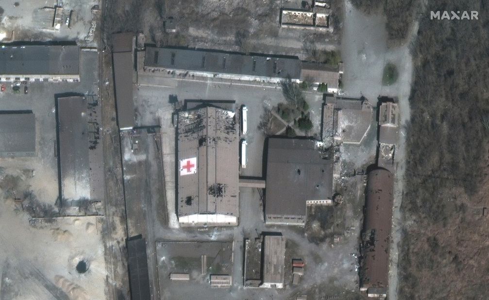 A satellite image shows a shelled warehouse that was being used by the Red Cross in Mariupol on March 29. 