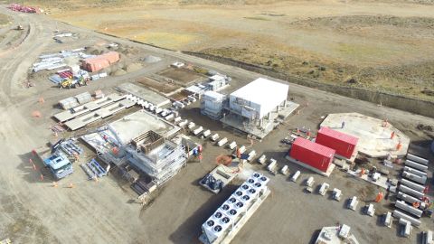 An aerial shot of the Haru Oni building site, including the cooling system, bottom center, power control center, above, and foundations for a water tank, on the right.