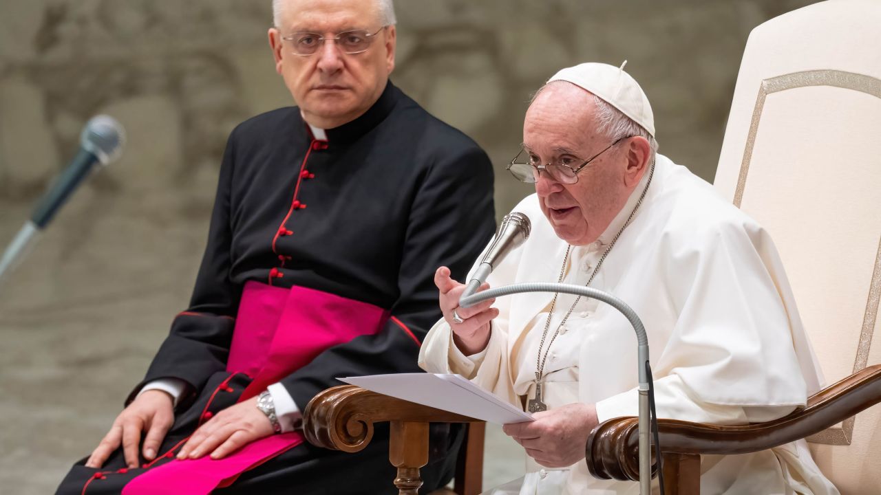 Pope Francis speaks Wednesday at the Vatican.