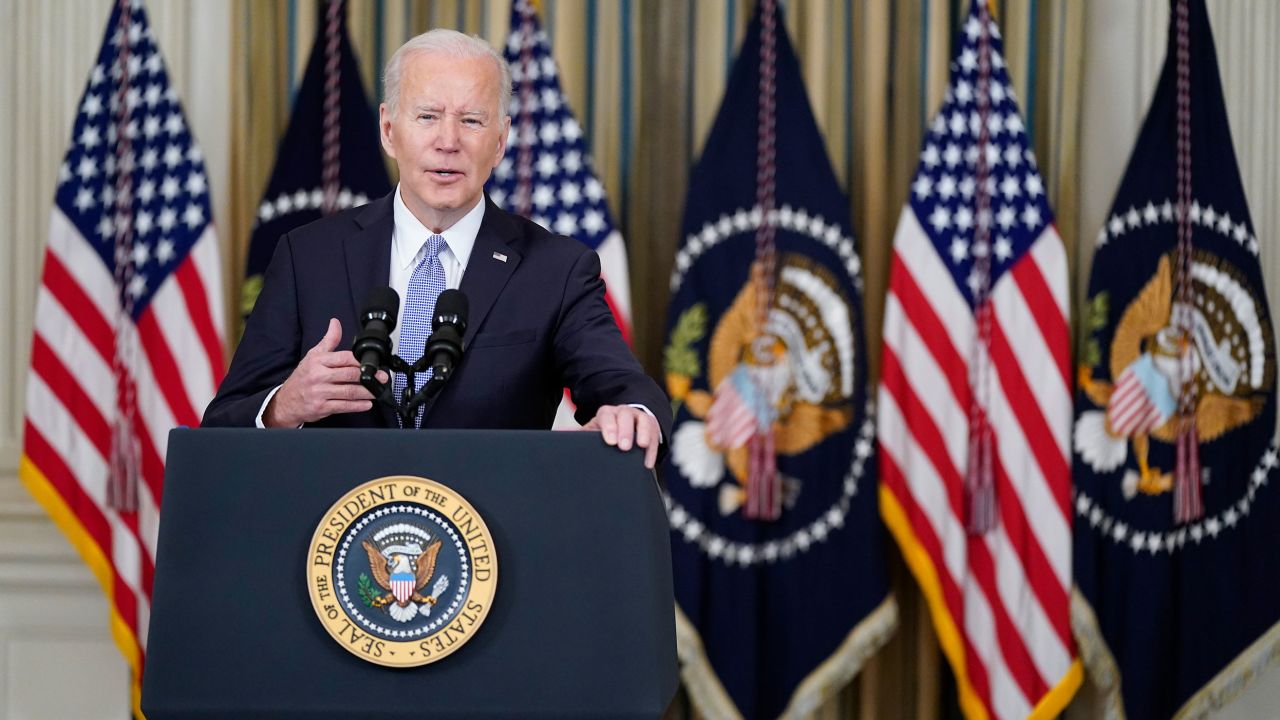 President Joe Biden seen speaking in the State Dining Room of the White House, Friday, April 1, 2022. 