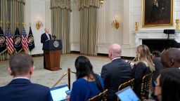 President Joe Biden speaks about the March jobs report in the State Dining Room of the White House, Friday, April 1, 2022, in Washington. (AP Photo/Patrick Semansky)