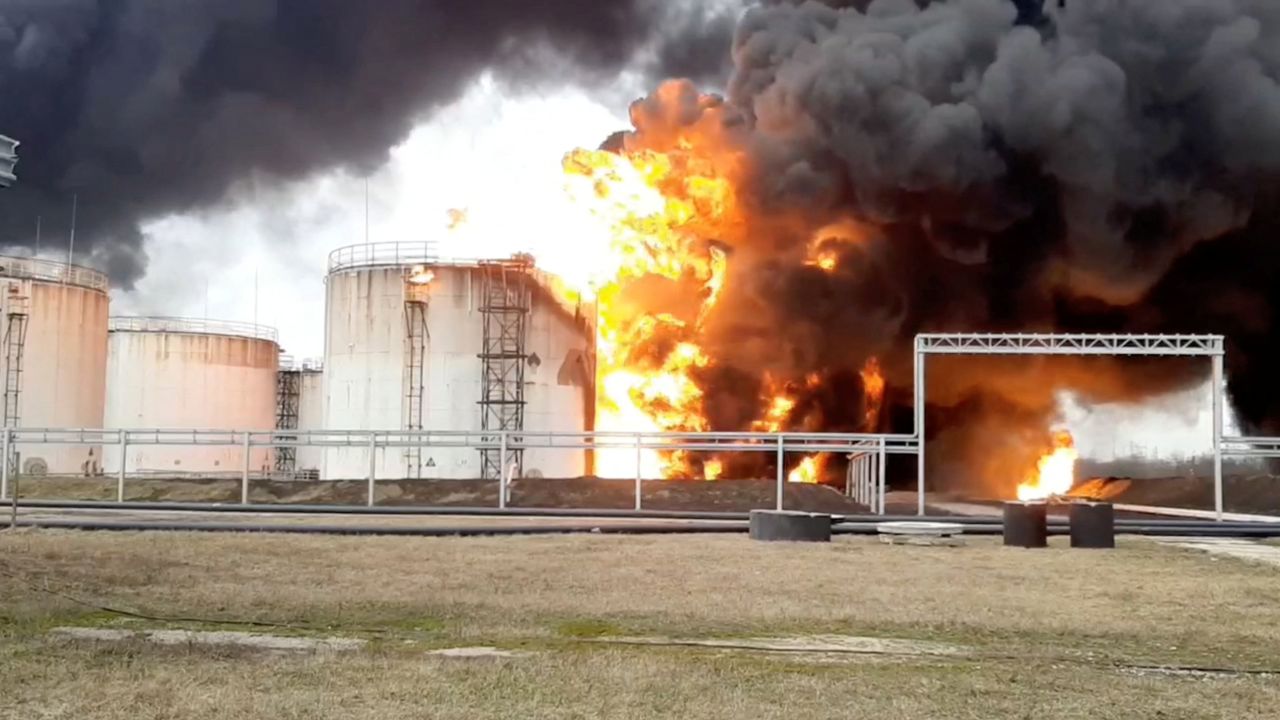 A still image taken from video footage shows a fuel depot on fire in the city of Belgorod on April 1, 2022. 