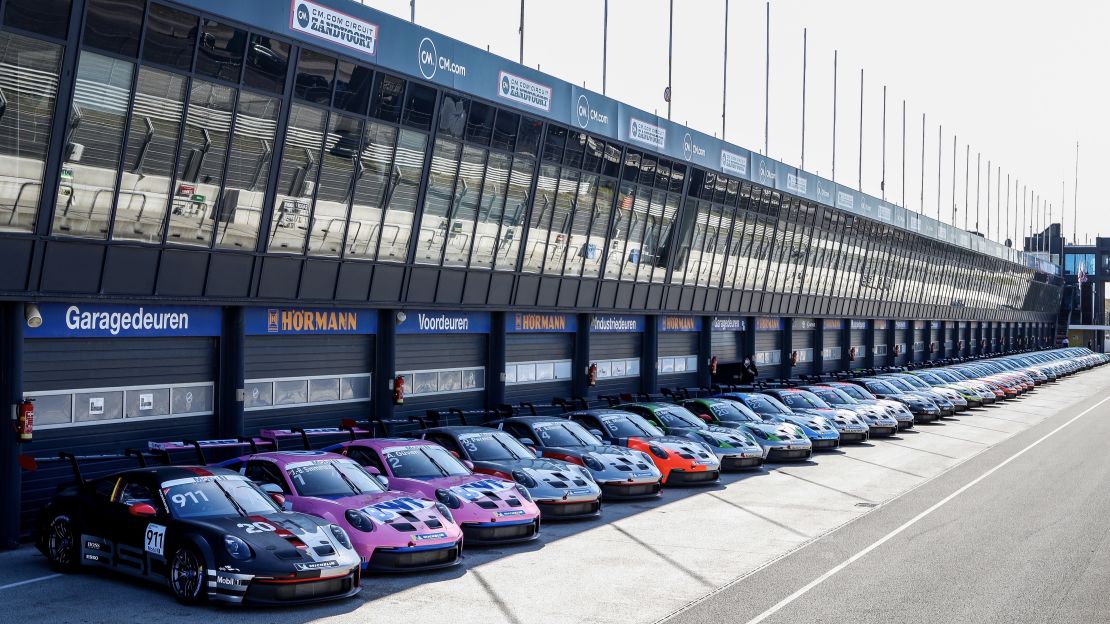 Porsche 911 GT3s line up at the Porsche Mobil 1 Supercup in Zandvoort, the Netherlands, in 2021. Porsche says it will begin using eFuel created by HIF's Chile operation for the race.