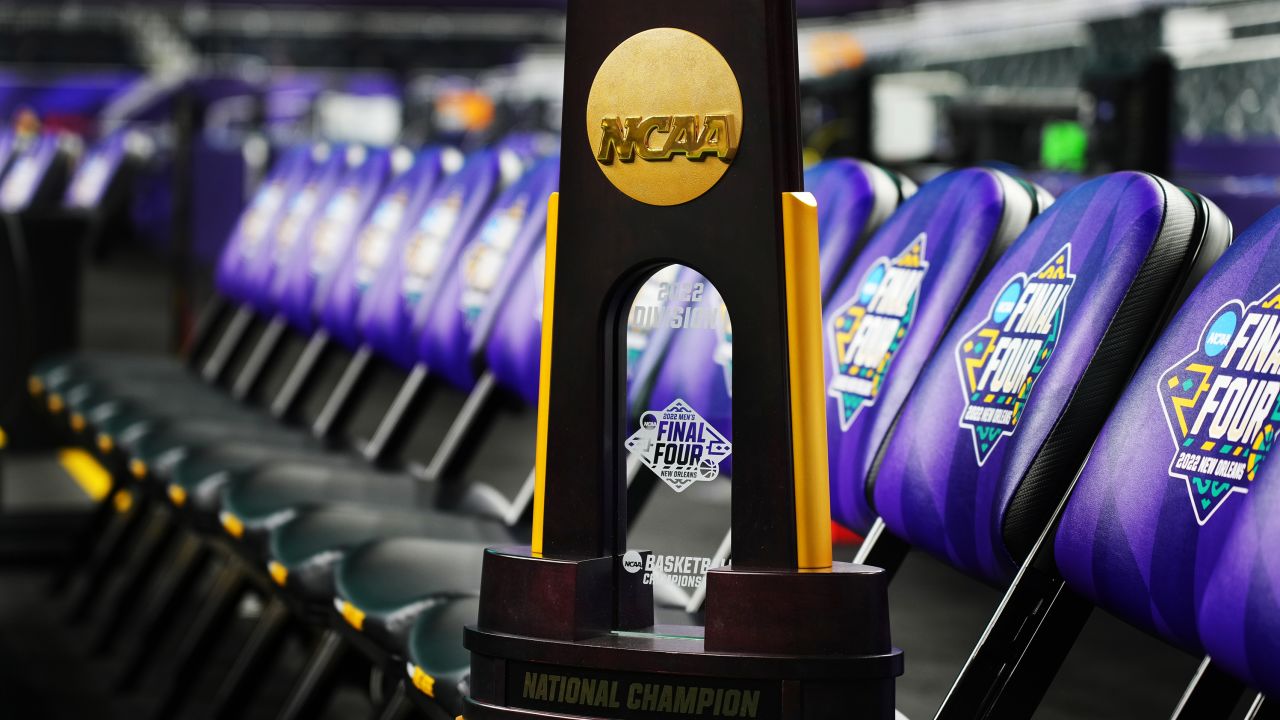 The Men's Basketball Division 1 National Championship Trophy, on display ahead of the Final Four of the NCAA Men's Basketball Tournament in New Orleans, Louisiana.