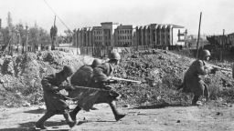 Soviet Guardsmen fighting in the streets of the city outskirts, Stalingrad, October 1942.