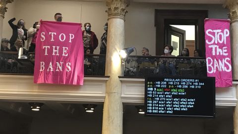 Abortion rights supporters protest on March 29, 2022, as the Kentucky Senate in Frankfort debates a bill that would put more restrictions on abortion.