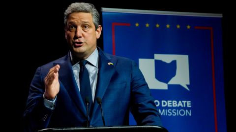 US Rep. Tim Ryan delivers his opening statement during Ohio's US Senate Democratic primary debate on March 28, 2022, at Central State University in Wilberforce.