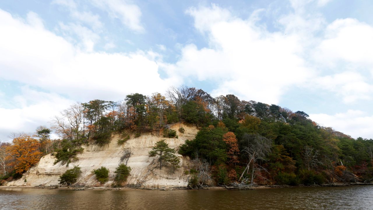Fones Cliff, the ancestral home of the Rappahannock Tribe, hang over the shoreline of the Rappahannock River in Richmond County, Virginia.