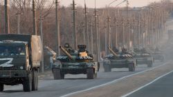 A column of tanks marked with the Z symbol stretches into the distance as they proceed northwards along the Mariupol-Donetsk highway. The battle between Russian / Pro Russian forces and the defencing Ukrainian forces lead by Azov battalion continues in the port city of Mariupol. (Photo by Maximilian Clarke / SOPA Images/Sipa USA)No Use Germany.