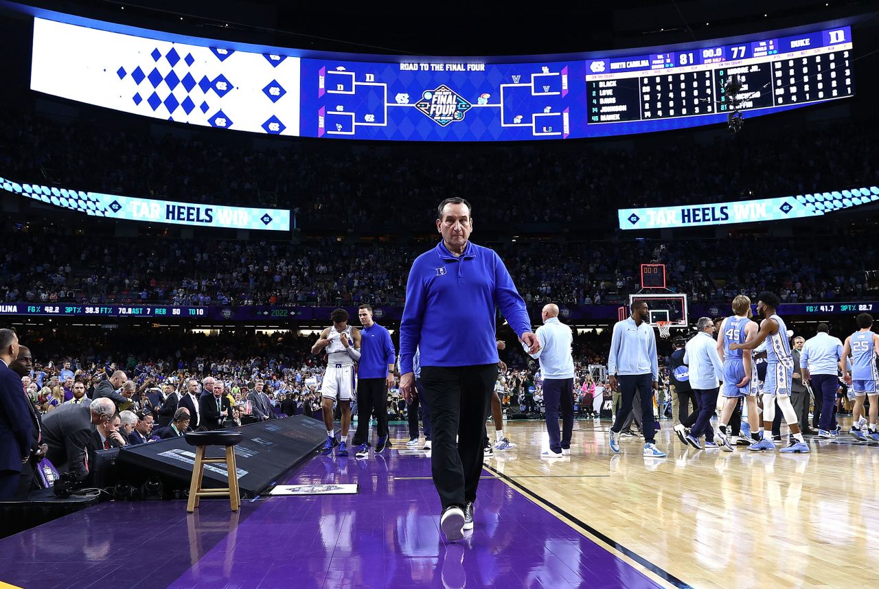 Krzyzewski walks off the court for the last time after <a href="http://www.cnn.com/2022/04/02/sport/ncaa-mens-basketball-championship-final-four/index.html" target="_blank">Duke lost to North Carolina 81-77.</a>