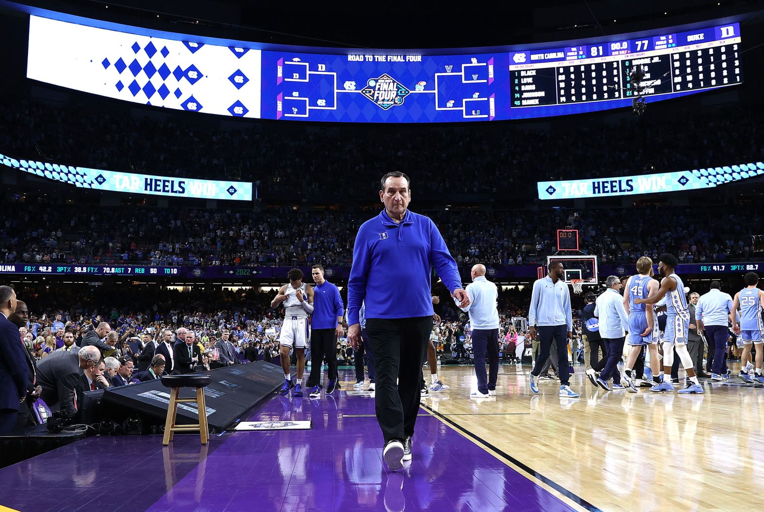 Duke head coach Mike Krzyzewski walks off the court for the last time after his Blue Devils <a href="index.php?page=&url=https%3A%2F%2Fwww.cnn.com%2F2022%2F04%2F02%2Fsport%2Fncaa-mens-basketball-championship-final-four%2Findex.html" target="_blank">lost to archrival North Carolina</a> in the Final Four on Saturday, April 2. Krzyzewski, college basketball's all-time winningest coach, announced in June that he would be retiring at the end of the season. <a href="index.php?page=&url=https%3A%2F%2Fwww.cnn.com%2F2021%2F06%2F02%2Fus%2Fgallery%2Fmike-krzyzewski-career-coach-k%2Findex.html" target="_blank">See his legendary career, in pictures.</a>