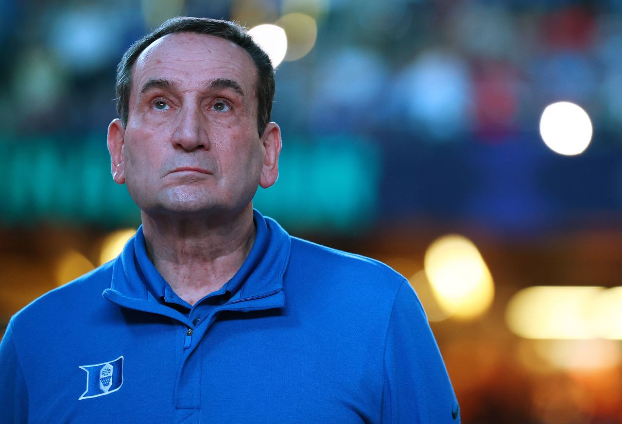 Krzyzewski looks to the crowd before the start of Duke's Final Four game against North Carolina.