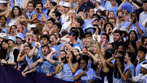 UNC fans react to a play during the semifinal game of the 2022 NCAA Men's Basketball Tournament Final Four at Caesars Superdome, Saturday in New Orleans. 