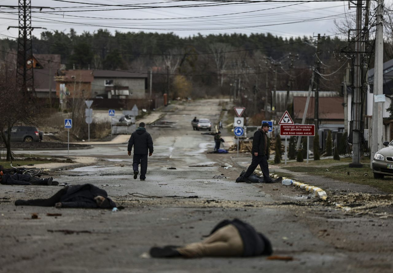 Bodies lie on a street in Bucha on April 2. Images captured by Agence France-Presse showed at least 20 civilian men dead.