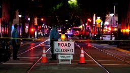 A roadblock has been set up near the scene of an apparent mass shooting in Sacramento, Calif., Sunday, April 3, 2022.