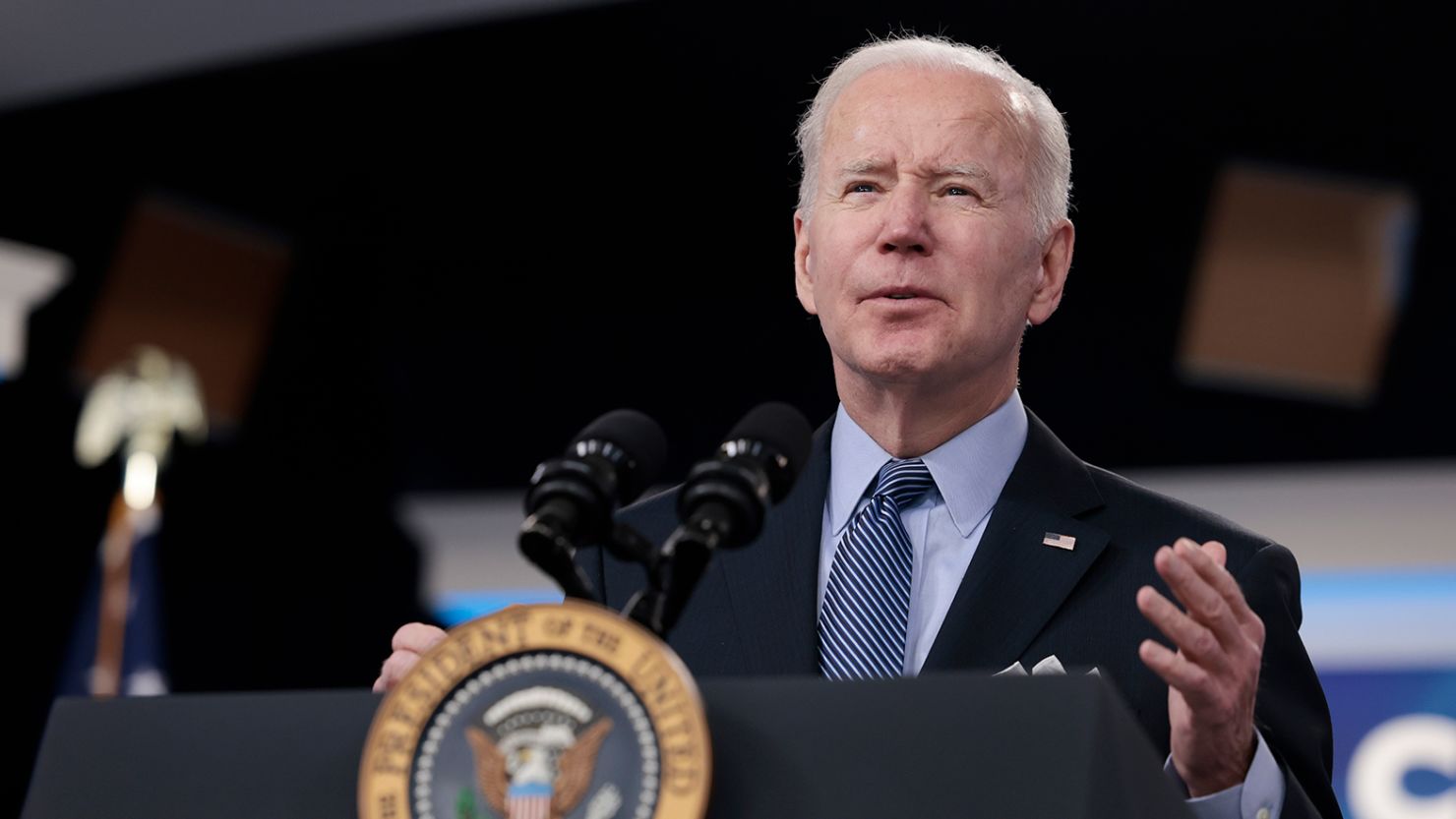 President Joe Biden gestures as he delivers remarks on Covid-19 in the United States in the South Court Auditorium on March 30 in Washington, DC. 