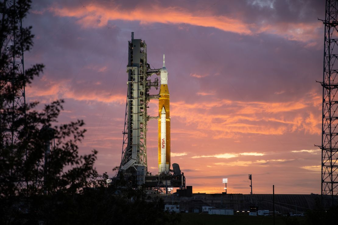 The Artemis I rocket stack can be seen at sunrise on March 23 at Kennedy Space Center in Florida. 