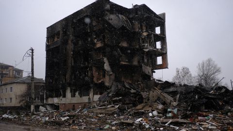 Many multistory buildings were destroyed in the town of Bordyanka, northwest of Kyiv.