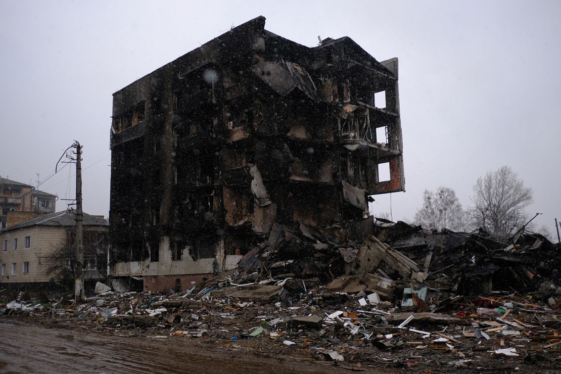 Many multistory buildings were destroyed in the town of Bordyanka, northwest of Kyiv.