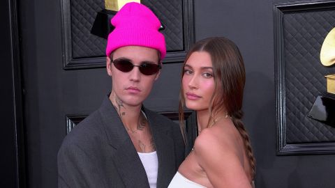 Justin Bieber and Hailey Bieber at the Grammy Awards on Sunday.
