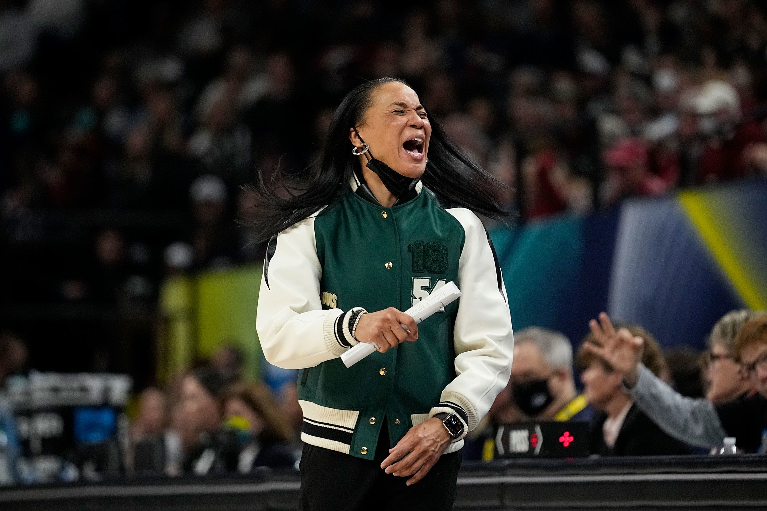 Staley, this season's Naismith Coach of the Year, reacts to a play.