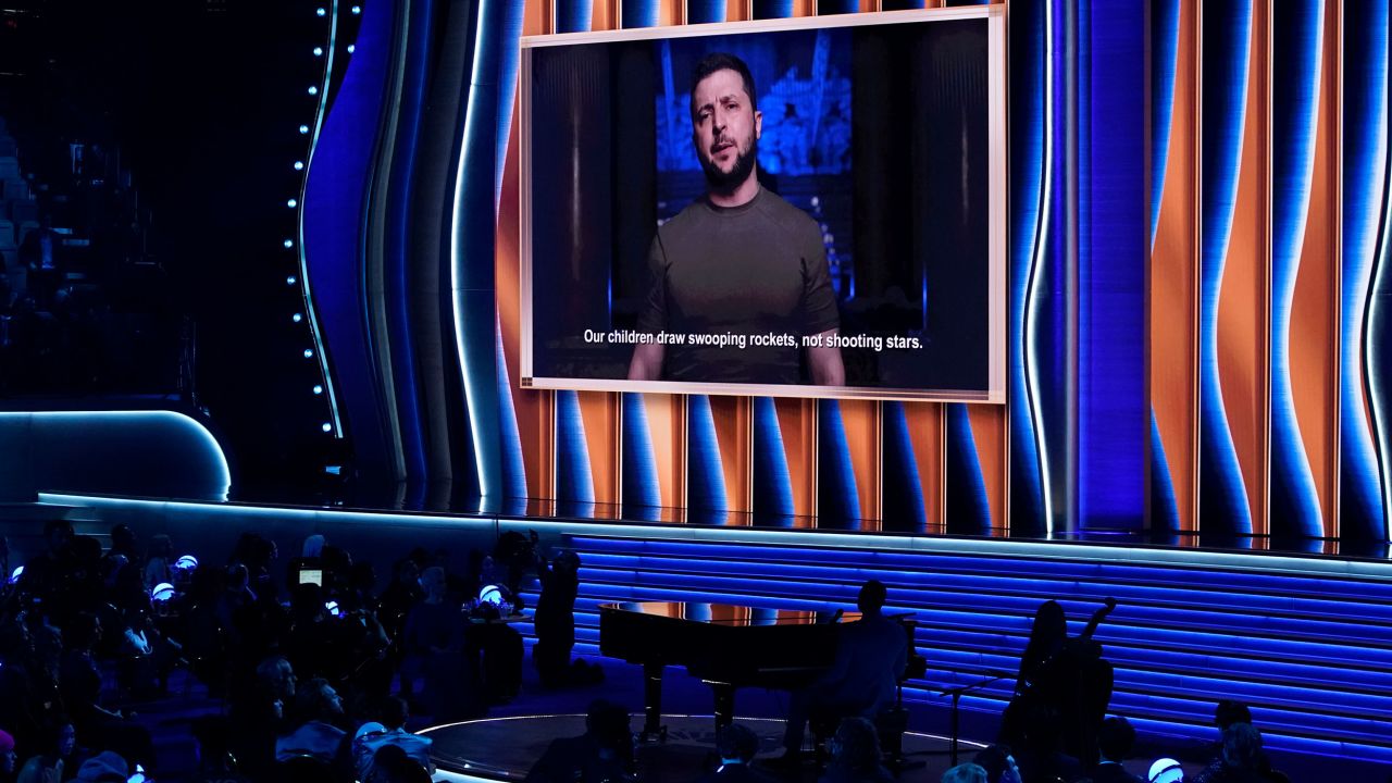 President of Ukraine, Volodymyr Zelenskyy, speaks on screen at the 64th Annual Grammy Awards on Sunday, April 3, 2022, in Las Vegas. (AP Photo/Chris Pizzello)