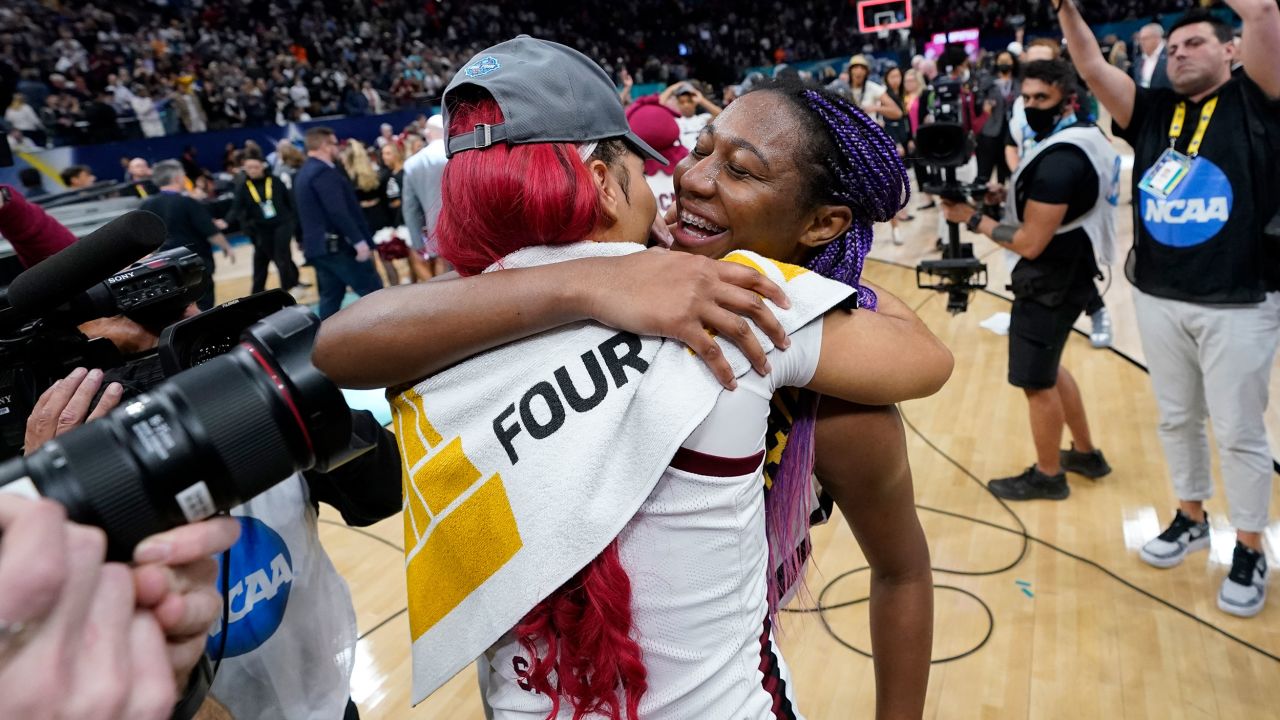 South Carolina's Aliyah Boston, right, celebrates with teammate Victaria Saxton after the Gamecocks defeated UConn in the national championship game on Sunday, April 3.
