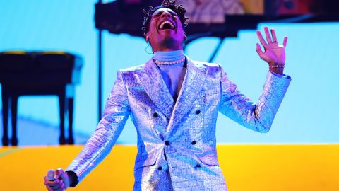 LAS VEGAS, NEVADA - APRIL 03: Jon Batiste performs onstage during the 64th Annual GRAMMY Awards at MGM Grand Garden Arena on April 03, 2022 in Las Vegas, Nevada. (Photo by Rich Fury/Getty Images for The Recording Academy)