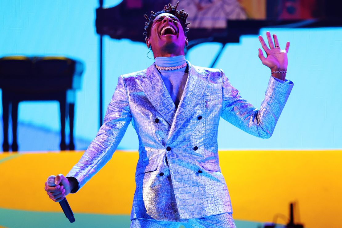 Jon Batiste, performing at the Grammys, won multiple awards on Sunday, including album of the year.