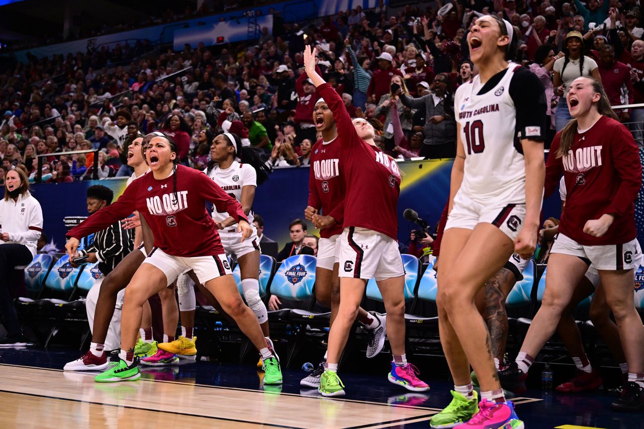 South Carolina players celebrate a basket during the game.