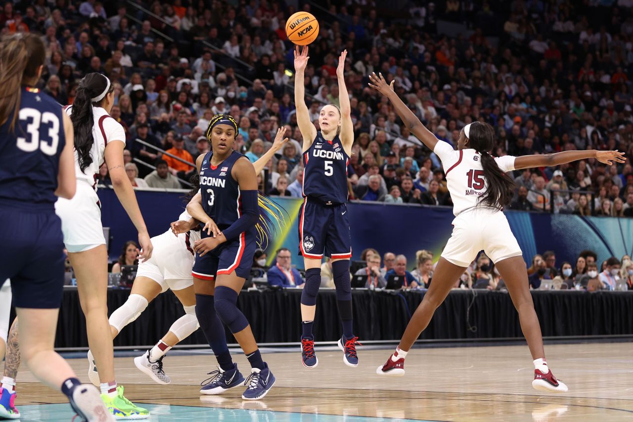 UConn guard Paige Bueckers takes a shot. Bueckers, last year's Naismith Player of the Year, finished the game with a team-high 14 points.