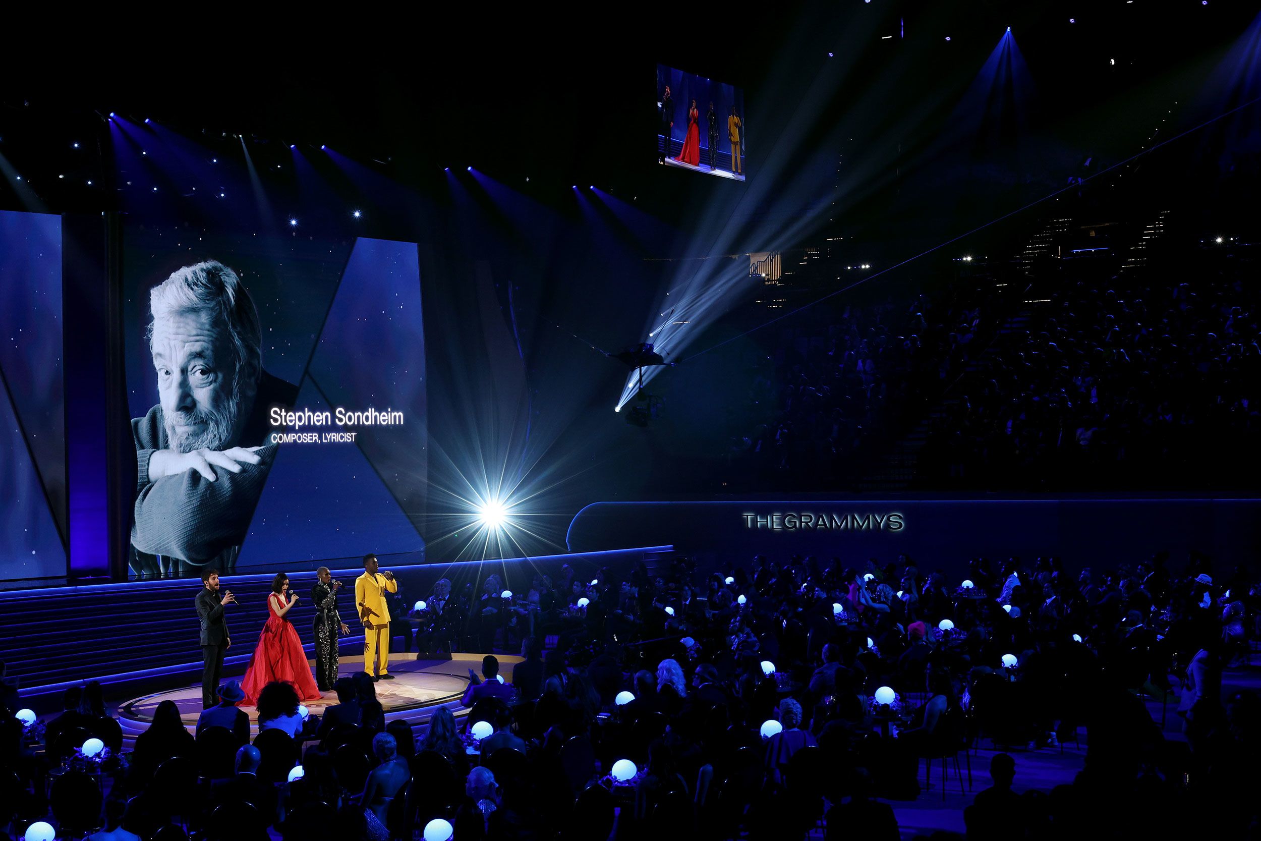 From left, Ben Platt, Rachel Zegler, Cynthia Erivo and Leslie Odom Jr. sing during the annual In Memoriam segment.