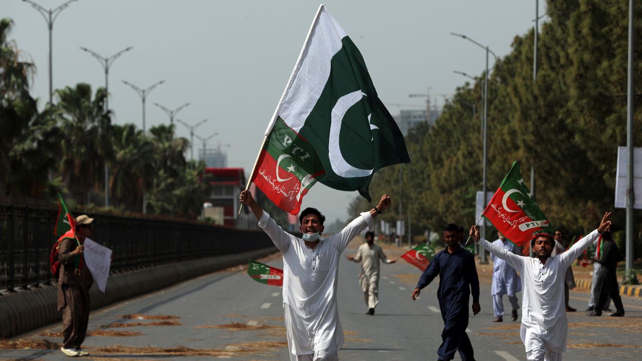 Supporters of Prime Minister Imran Khan chant slogans during a protest in Islamabad, Pakistan, Sunday, April 3, 2022. 
